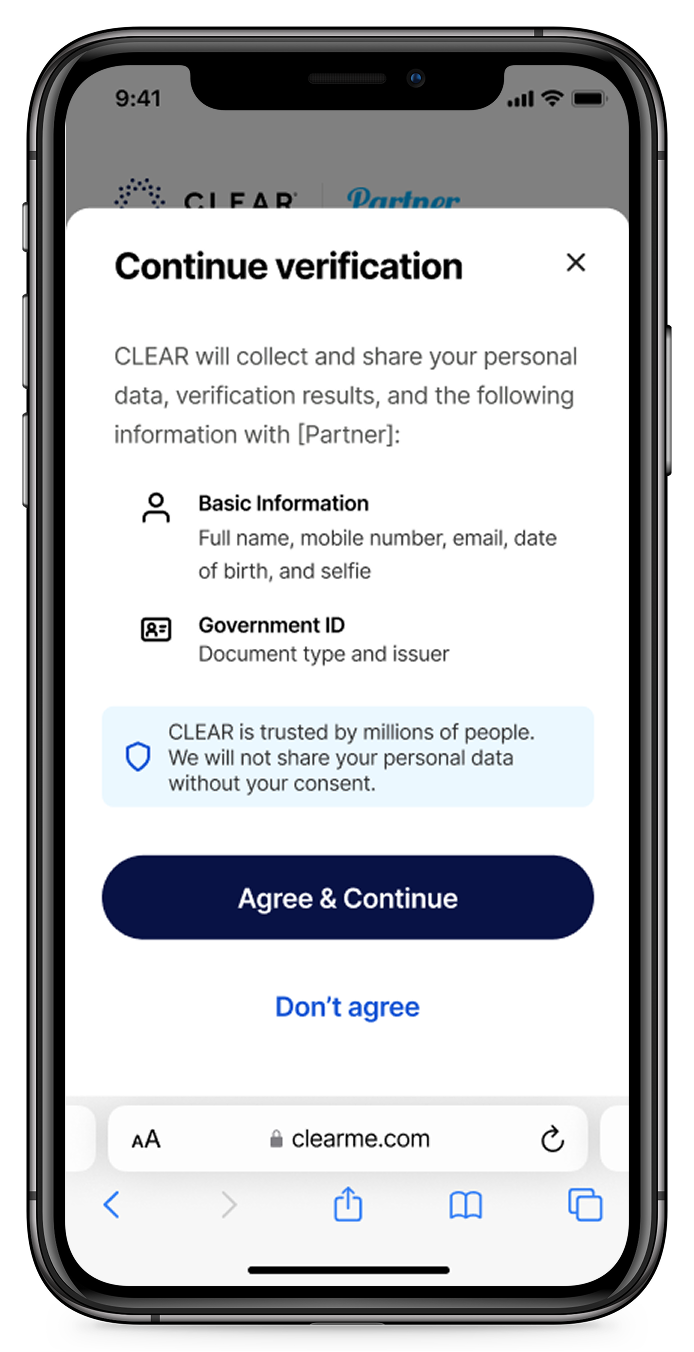 CLEAR consent and data-sharing screen