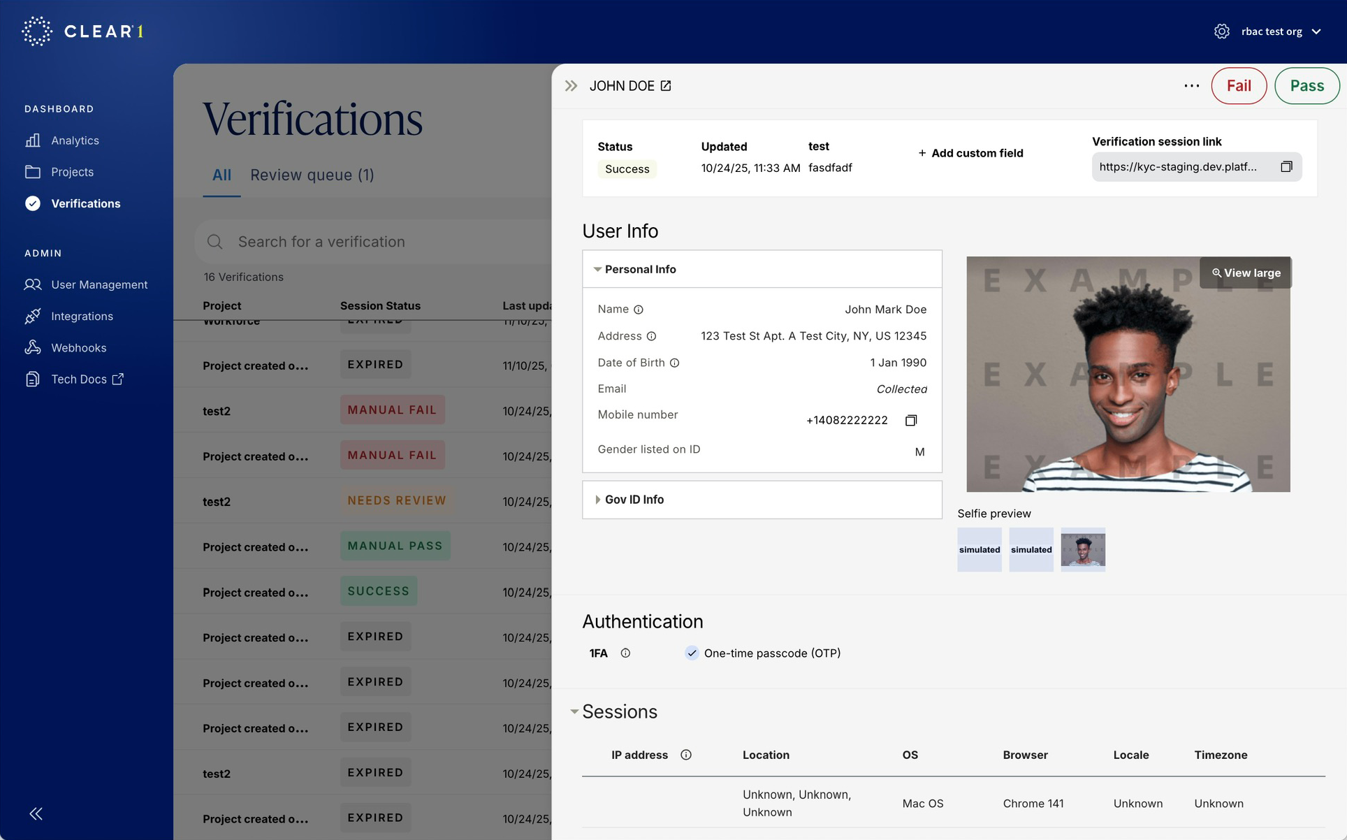 CLEAR verification details and risk insight interface